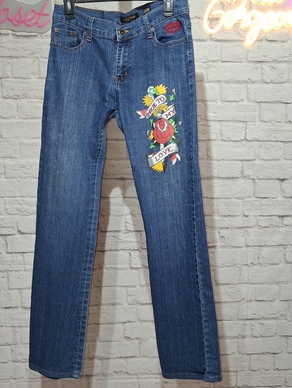Ed Hardy Blue Boot Cut Jeans with Floral Tattoo Patch